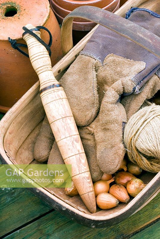 Dibber de jardin en trug avec des gants, des cordes et des ensembles d'oignons