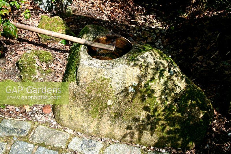 Tsukubai - Bol accroupi à l'entrée du jardin japonais à Pine Lodge Gardens près de St. Austell
