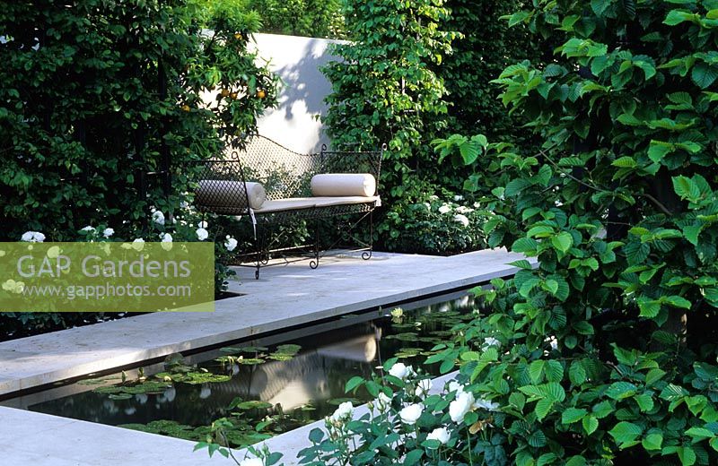 Jardin formel de rigole d'eau avec siège et haie en arc de charme et roses blanches. Chelsea FS 2002