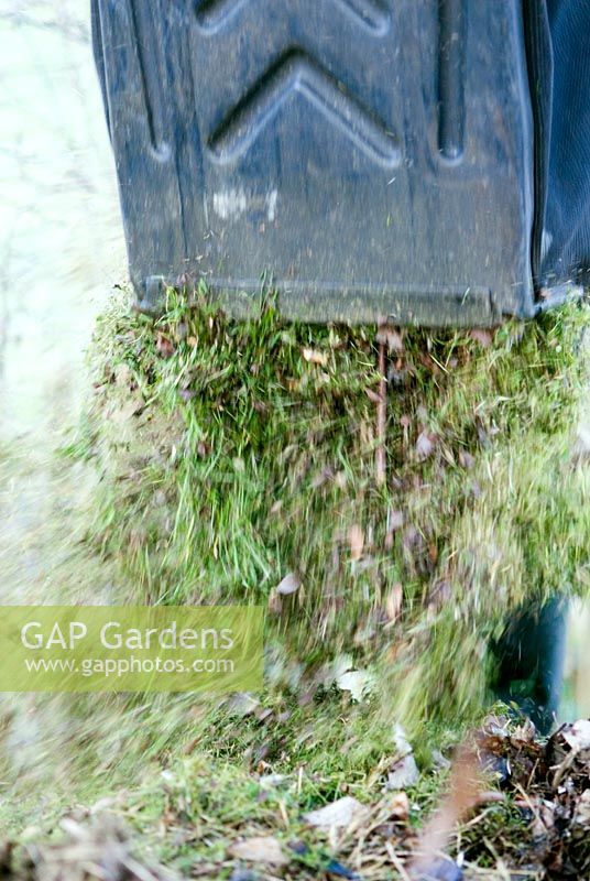 Collecteur d'herbe à l'arrière de la tondeuse à gazon pleine de déblais d'herbe vides dans un bac à compost, février