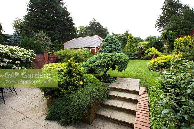 Jardin de banlieue avec terrasse, marches et conifères à Cypress House à Dalton