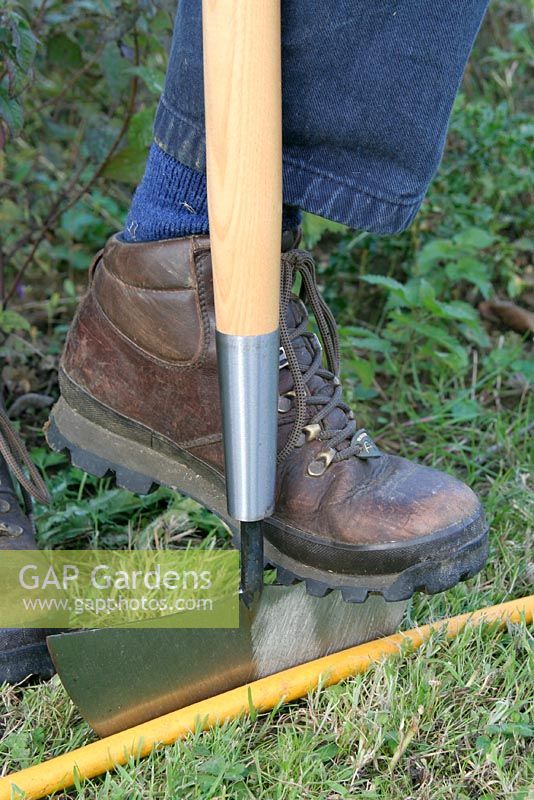 À l'aide d'un coupe-demi-lune pour nettoyer un bord de pelouse incurvé. Le tuyau d'arrosage marque une courbe nette