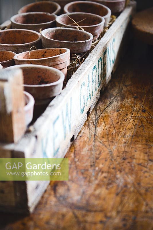 Collection de pots de fleurs en terre cuite traditionnels dans un vieux pot en bois de Kew Gardens