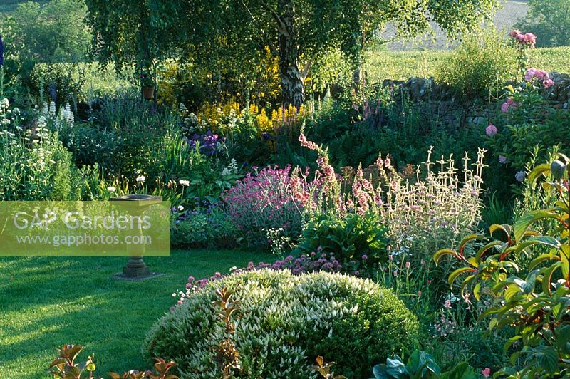 Parterre de fleurs à côté de l'étang avec pelouse et cadran solaire, planté de Hebe rakaiensis, Phuopsis stylosa, Verbascum et Lychnis flos-jovis - Oxfordshire