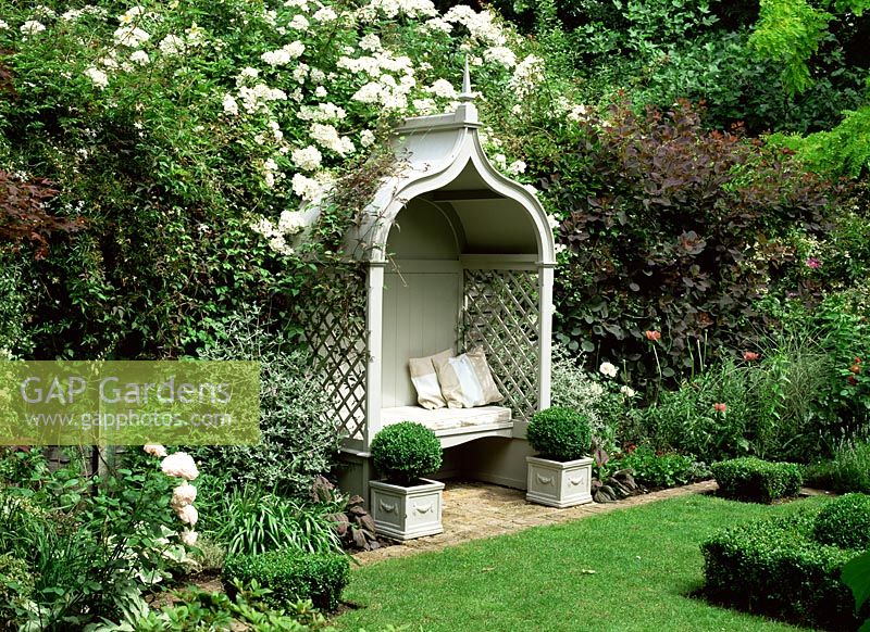 Gazebo classique avec banc et coussins dans un jardin à la française. Rosa 'Kiftsgate', Teucrinum, Cotinus, Buxus sempervirens - Boîte de balles topiaires