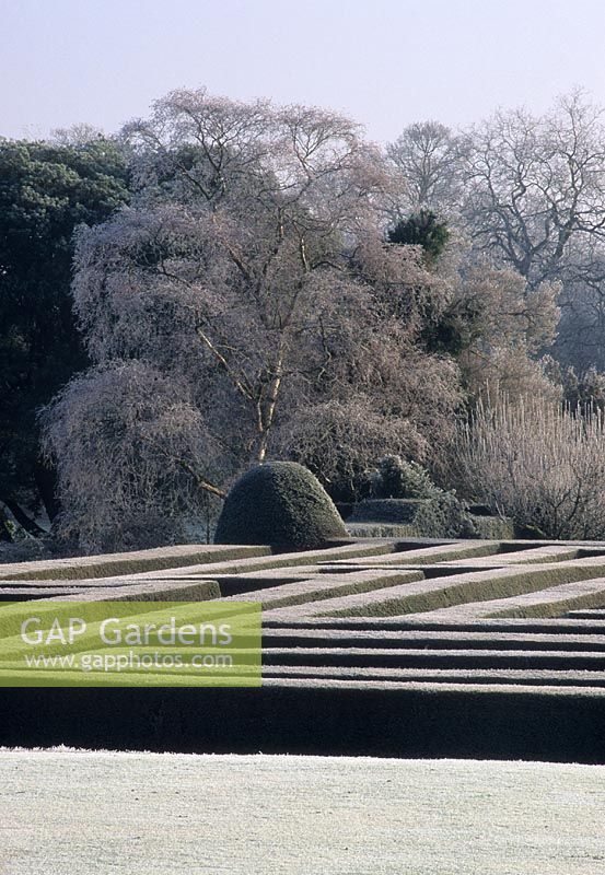 Labyrinthe couvert de givre épais en hiver - Hatfield House
