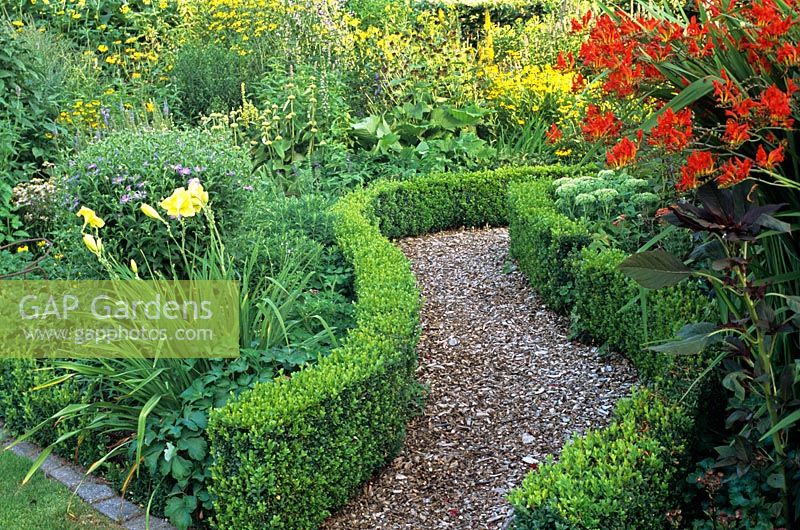 Chemin d'écaillage de l'écorce à travers les parterres de fleurs à faible bordure Buxus