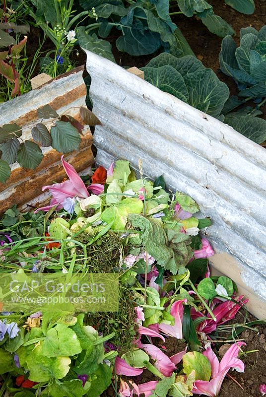 Zone de compostage dans le potager de Mundy's Cottage Garden dans le Daily Mail Pavilion au RHS Hampton Court Flower Show
