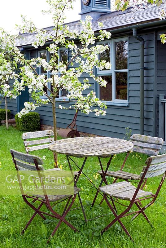 Vieille table et chaises de style café au printemps verger avec fleurs et fleurs sauvages
