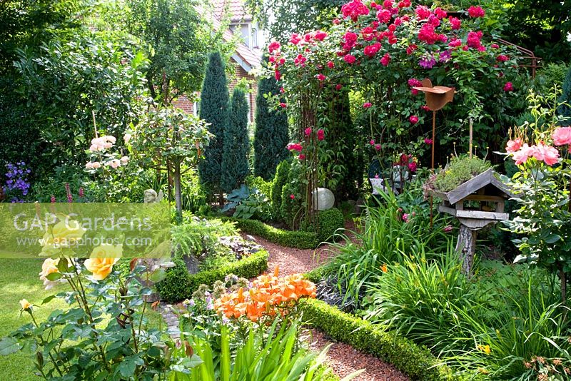 Jardin de campagne informel avec pavillon avec rosier grimpant