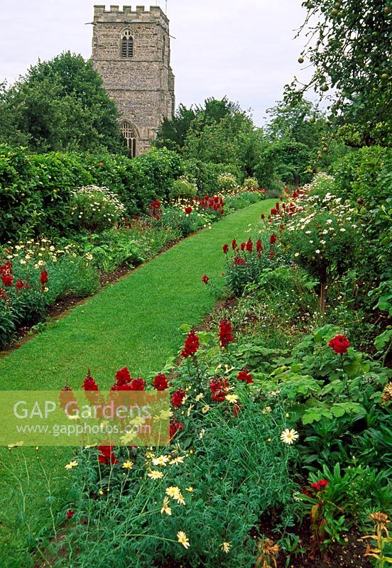 Promenade de l'église recouverte d'Antirrhinum 'Liberty Crimson', d'Argyranthemum 'Vanilla Ripple', de Pelargoniums et de Felicia - Cranborne Manor Garden, Cranborne, Dorset