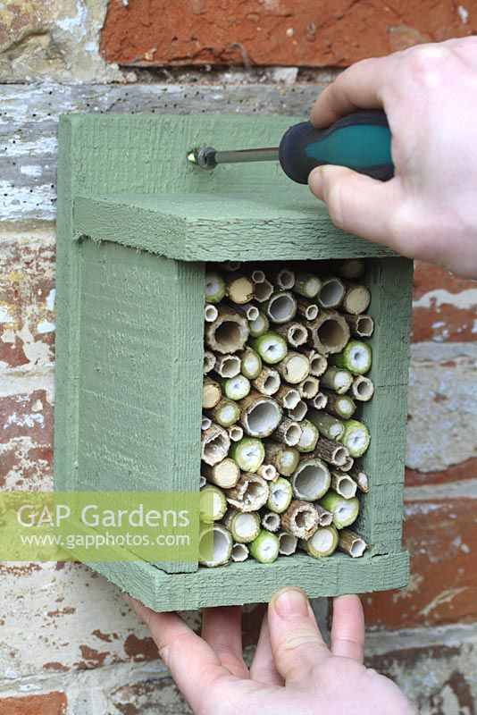 Étape par étape 7 de la construction d'une maison anti-insectes pour les insectes hibérants à partir de bois récupéré - Installation de la boîte à insectes sur un mur abrité
