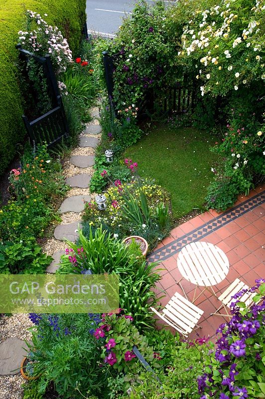 Jardin latéral avec Rosa 'Chardonneret' sur le patio, Rosa 'Open Arms' par la porte, Aconitum, Clematis 'Warsaw Nike' et Clematis 'Betty Corning' - Cross Villas, Shropshire