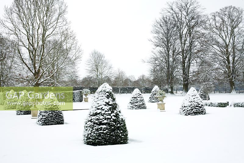 Jardins du Parterre et arbres environnants couverts de neige - Chenies Manor Gardens