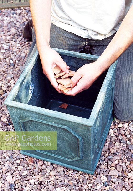 Planter un pot avec du persil, du thymus, de la lavandula et de la sauge - Mettre des pots à la base pour le drainage