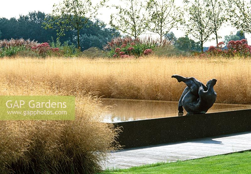 Piet Oudolf a conçu ce jardin pour la maison des designers Piet et Karin Boon en dehors d'Amsterdam. Une plantation de Deschampsia caespitosa borde la piscine avec un pensionnaire pérenne mixte au-delà.