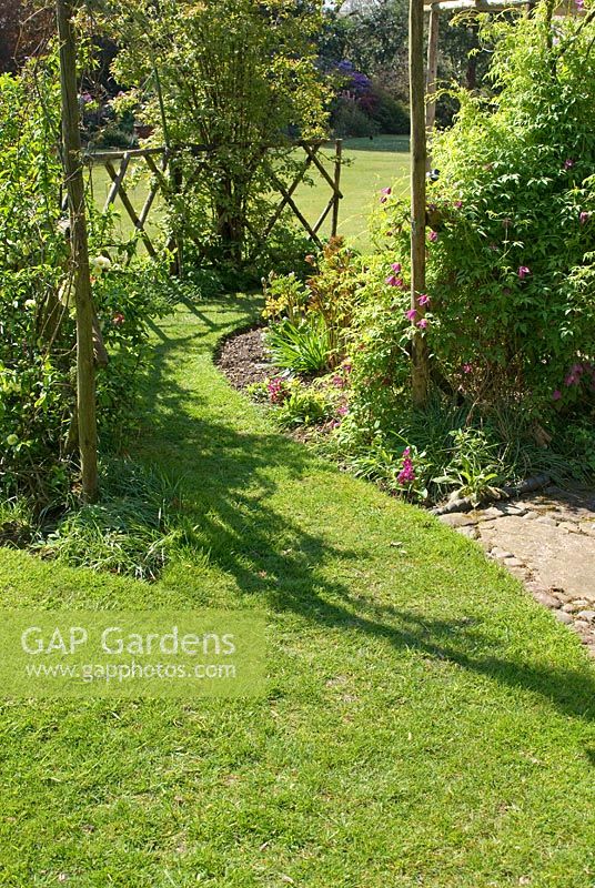 Chemin herbeux menant de la pelouse à travers le treillis incurvé soutenant les rosiers grimpants et les clématites - Bridge House, NGS garden, Lancashire