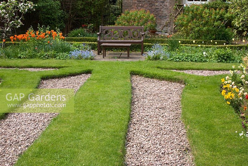 Le jardin Parterre avec motif en pelouse, gravier et parterres de tulipa, myosotis et cheiranthus, siège en bois pour l'an 2000 et table par chemin de gravier bordé par Buxus - Poulton Hall, jardin NGS, Cheshire