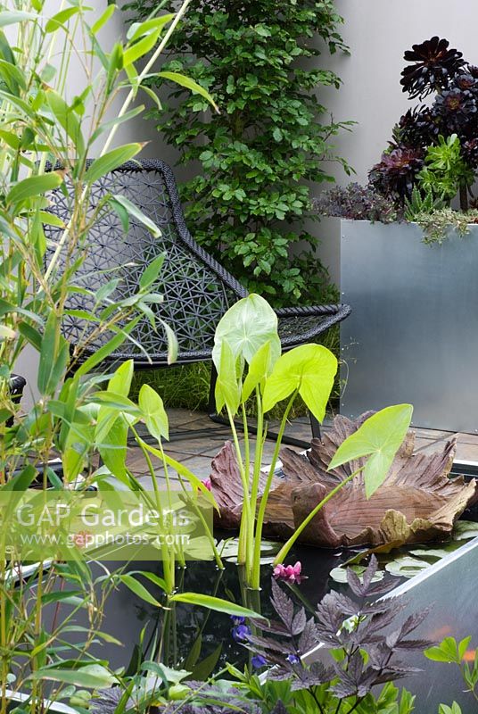 Jeu d'eau en métal avec vue sur une chaise en filet noir sur une terrasse carrelée - Une retraite urbaine de Paul Titcombe - BBC Gardeners 'World Live 2009 - Médaillé d'or