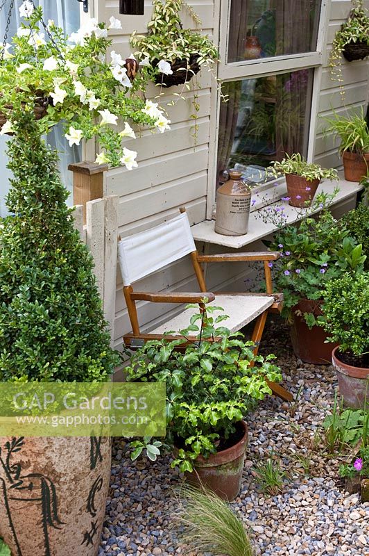 Arbustes à feuilles persistantes avec directeur chaise à côté de la maison d'été avec panier suspendu à High Meadow, Staffordshire