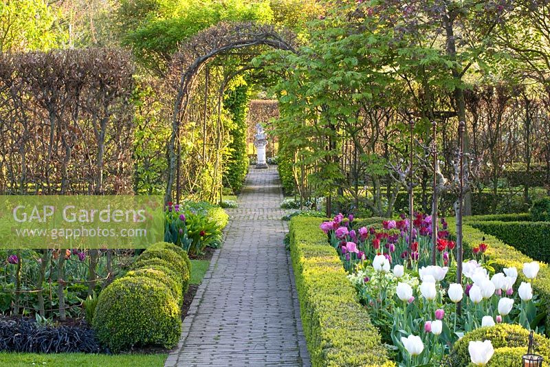 Chemin menant à la sculpture dans un jardin de campagne formel avec des tulipes mélangées