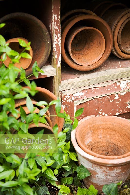 Collection de vieux pots en terre cuite sur des étagères en bois dans un jardin de ville original en mai rempli d'objets anciens.