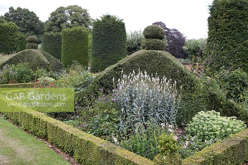 Le parterre East Garden avec un intérêt pour la fin de l'été, y compris Sedum, Penstemon et Echinacea - Hatfield House, Hertfordshire