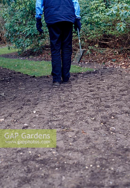 En commençant par le sol préparé, fouler et ratisser la surface à plusieurs reprises pour s'assurer qu'elle est ferme et au bon niveau pour la nouvelle pelouse