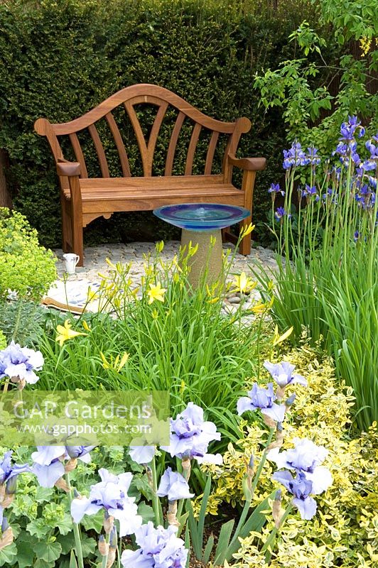 Siège de jardin, fontaine à eau et iris bleus dans le jardin 'Dyslexie - Une barrière à l'éducation' - Médaillé de bronze au RHS Chelsea Flower Show 2010