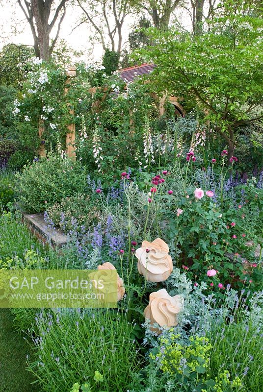Jardin paysager avec des plantes dont Lavandula angustifolia, Rosa 'Rambling Rector', Digitalis purpurea 'Sutton's Apricot', Rosa 'Fantin Latour' et Alchemilla mollis. Leur