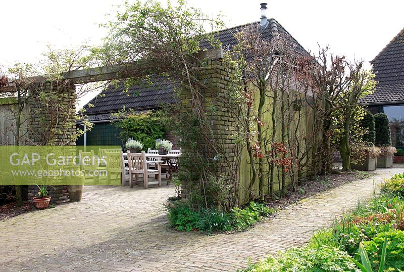 Entrée sur la terrasse. Jardin de printemps avec la plantation de bulbes spéciaux - Jankslooster, Geke Rook, Hollande