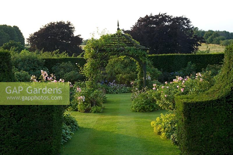 Jardin de campagne avec Taxus - Haies d'ifs et chemin d'herbe menant au gazebo avec escalade Rosa - Roses. Jardin Robinson, Ousden House, Suffolk