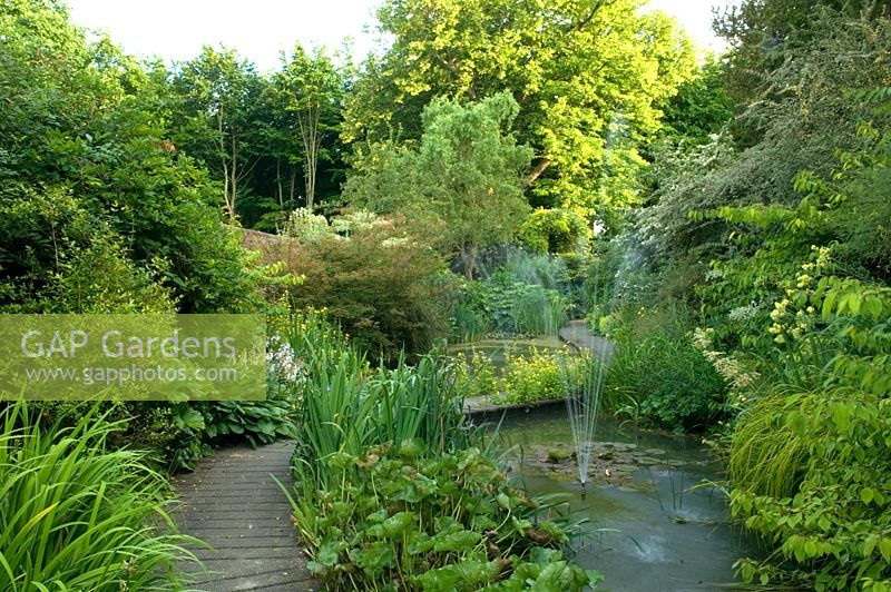 Étang avec jet de fontaine et chemin en bois. Jardin Robinson, Ousden House, Suffolk