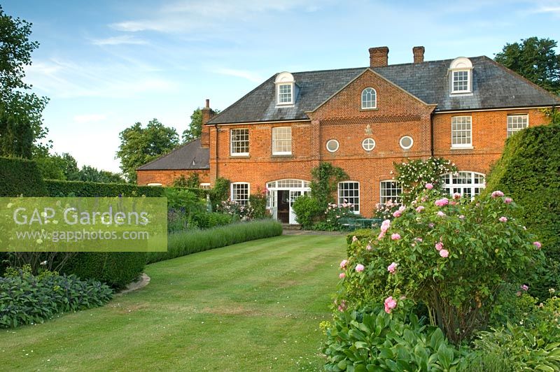Jardin de campagne avec pelouses et parterres de Rosa - Roses et Lavandula - Lavande. Jardin Robinson, Ousden House, Suffolk