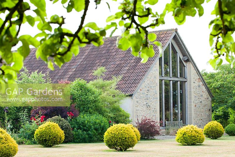 Jardin Rosalie Fiennes à Somerset avec salle de piscine entourée de boules d'if topiaire