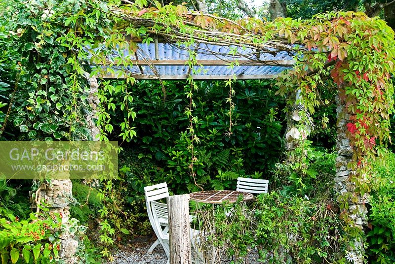 Abri à thé avec des colonnes construites en feldspath blanc, soutenant la vigne vierge et la fleur de la passion - Pinsla Garden, Cardinham, Cornwall