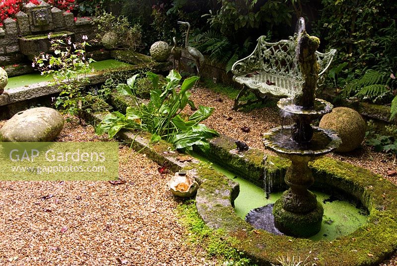 Étangs et rigoles dans le jardin englouti avec une caractéristique de l'eau à plusieurs niveaux et diverses plantes tolérantes à l'ombre, y compris les fougères. Le jardin secret de Serles House, Wimborne, Dorset, UK