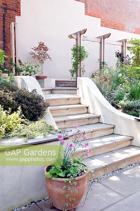 Étapes à travers un petit jardin moderne en pente avec des murs peints en blanc, une terrasse et une plantation à plusieurs niveaux.