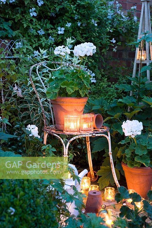 Photophore en verre allumant des géraniums blancs dans des pots dans un jardin blanc