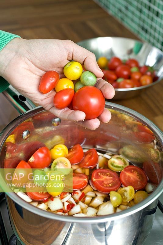 Faire un chutney de tomates mixtes fait maison - mettre les ingrédients dans une casserole
