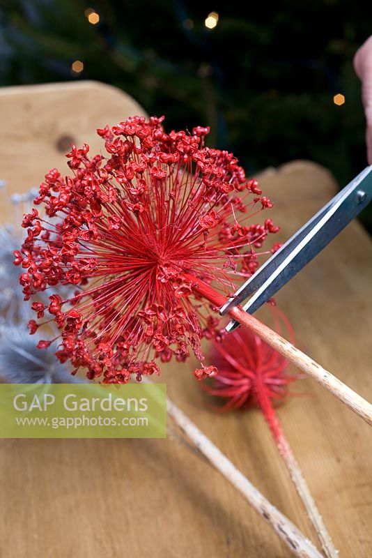 Décorations pour arbres de Noël faites maison - Pulvérisation de têtes de semences avec de la peinture en aérosol rouge