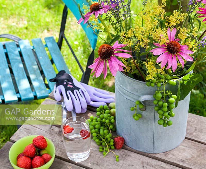 Sur une table en bois un vase avec coneflower, Ladys Mantle et raisins. Également sur la table, des gants de jardinage, une fourchette à main, un bol de fraises et un verre d'eau. En arrière-plan une chaise de jardin turquoise colorée.