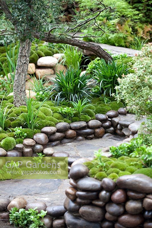 Monticules de mousse et cascade de galets décoratifs dans un jardin japonais traditionnel dans Satoyama Life - Artisan Garden