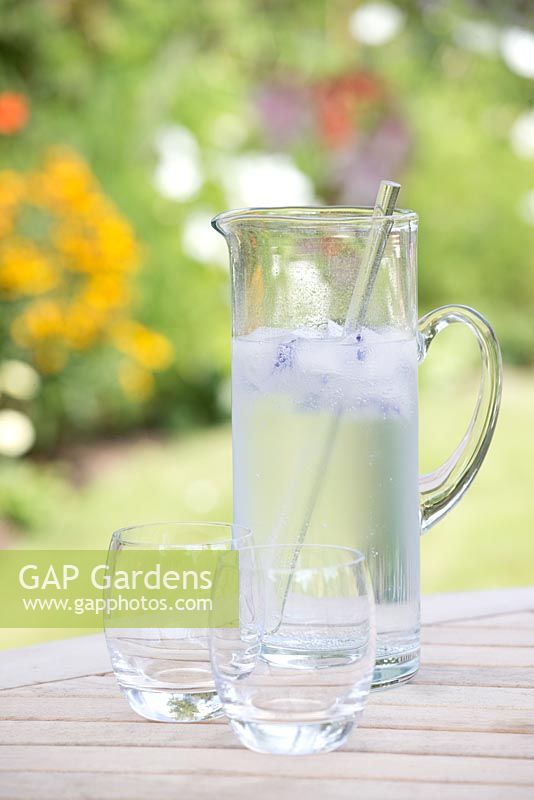 Étape par étape pour créer des glaçons décoratifs à l'aide de fleurs de bourrache - Cruche d'eau glacée et verres sur table de jardin