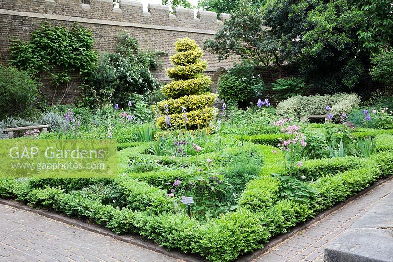 Le Musée du Jardin. Le Tudor a inspiré le parterre avec la spirale Golden Buxus, les aquilèges, les iris, la ciboulette et les herbes.