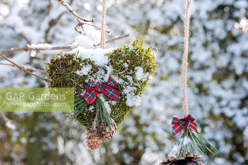 Coeur de mousse neigeuse avec ruban affiché suspendu à une branche