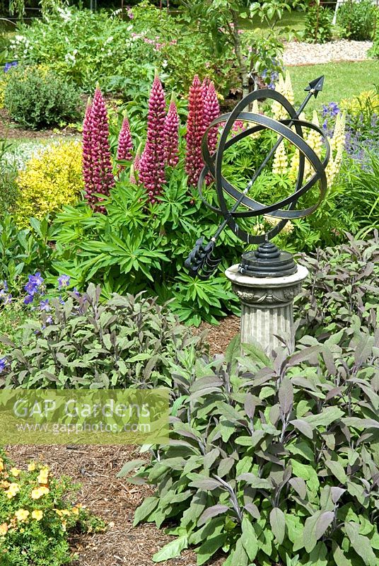 Cadran solaire armillaire situé dans un parterre de fleurs herbacées avec des lupins et des sauges - Open Gardens Day 2012, Long Melford, Suffolk