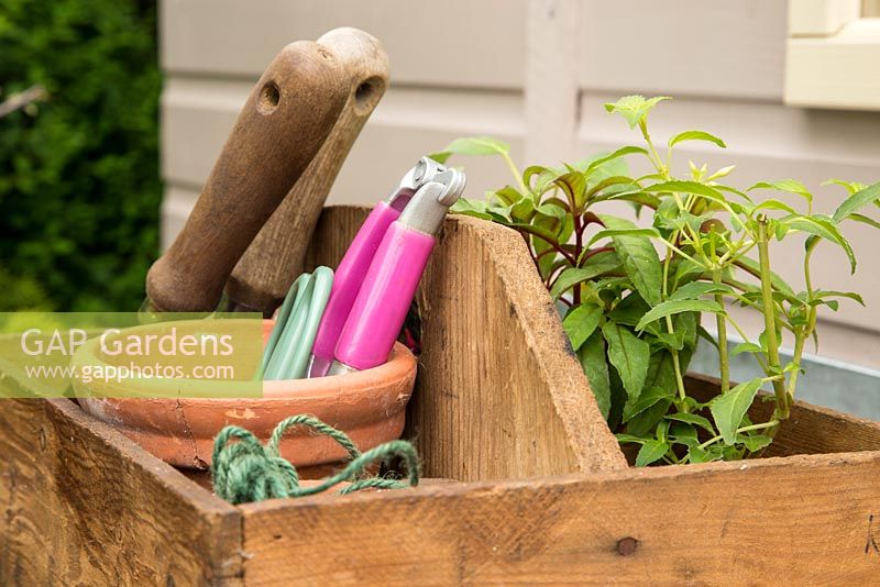 Table d'empotage et assortiment d'outils de jardinage