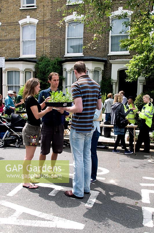 Homme tenant un plateau de plantes tout en parlant à des amis, vente d'usine de Wilberforce Road, London Borough of Hackney, Royaume-Uni