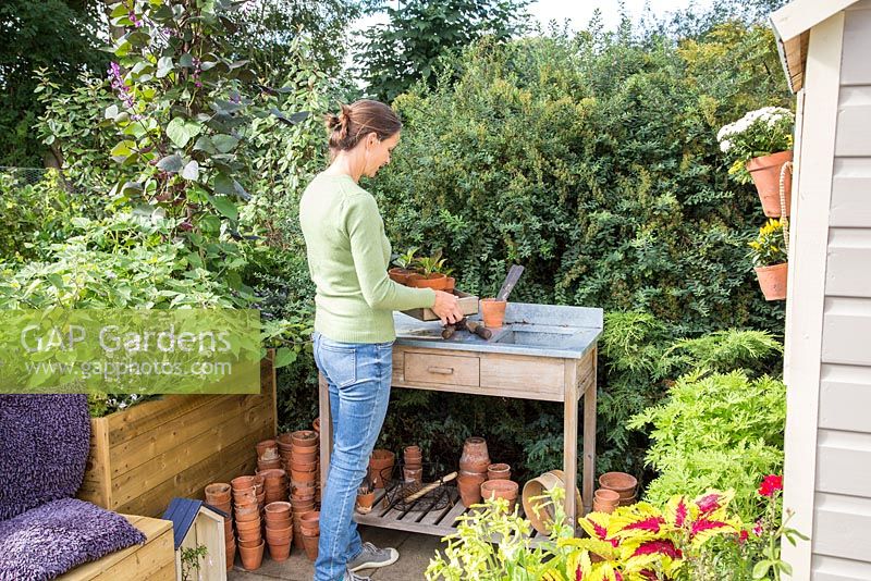 Femme portant un plateau de plantes dans un petit jardin de banlieue